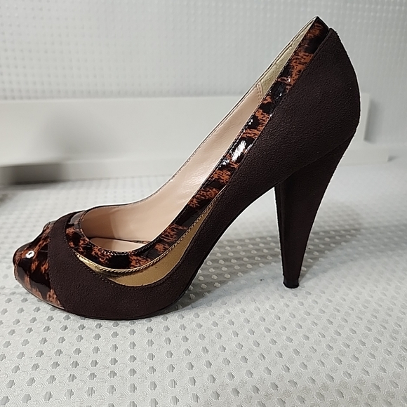 PeepToe Pumps Brown Cone High Heels,Suede size 6.5 Gold Metallic Accent BodyCon - Picture 8 of 12